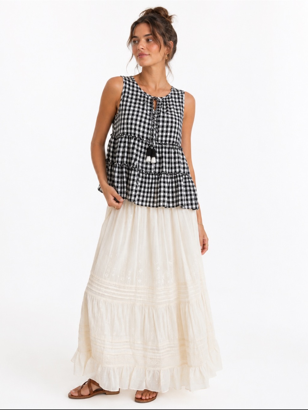 Hem & Thread Black White Gingham Tiered Tassel Tank Top M